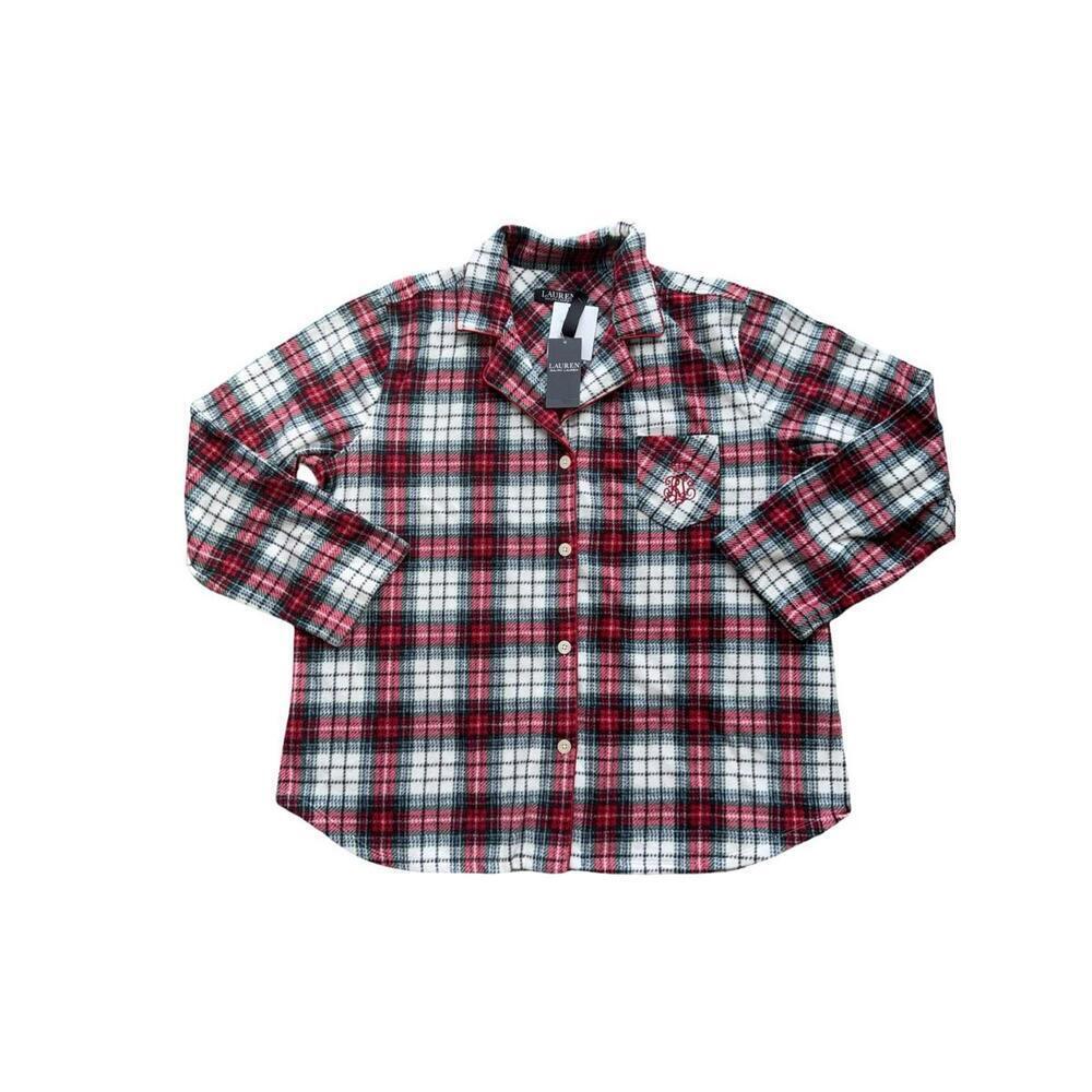 Lauren Ralph Lauren Women Sleepwear Plaid Pajama Top Pocket Logo Fleece Sz XL